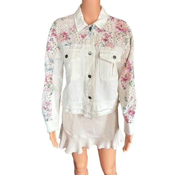 Anthropologie Mystree Size S White Embroidered Denim Jacket Western Cottage - Picture 1 of 7